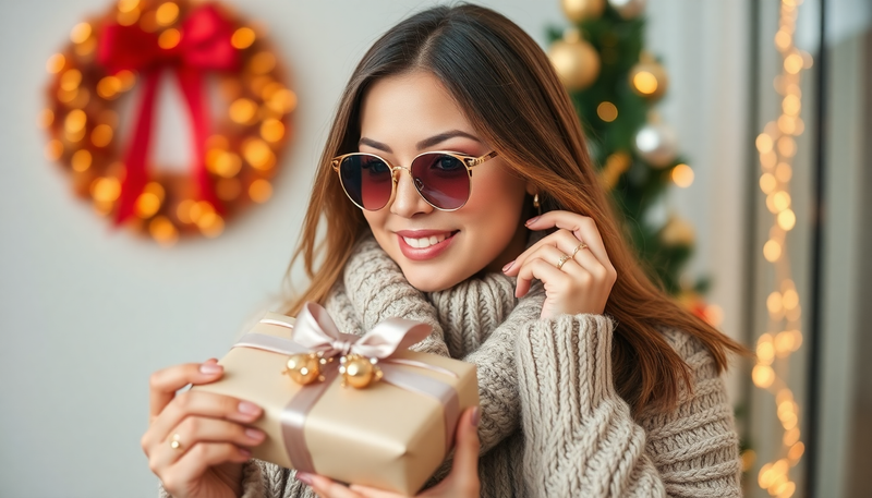 Stylish woman accessorizing with chic holiday gift sets