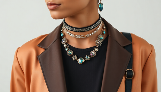 A person wearing unique trending jewelry with stylish outfit