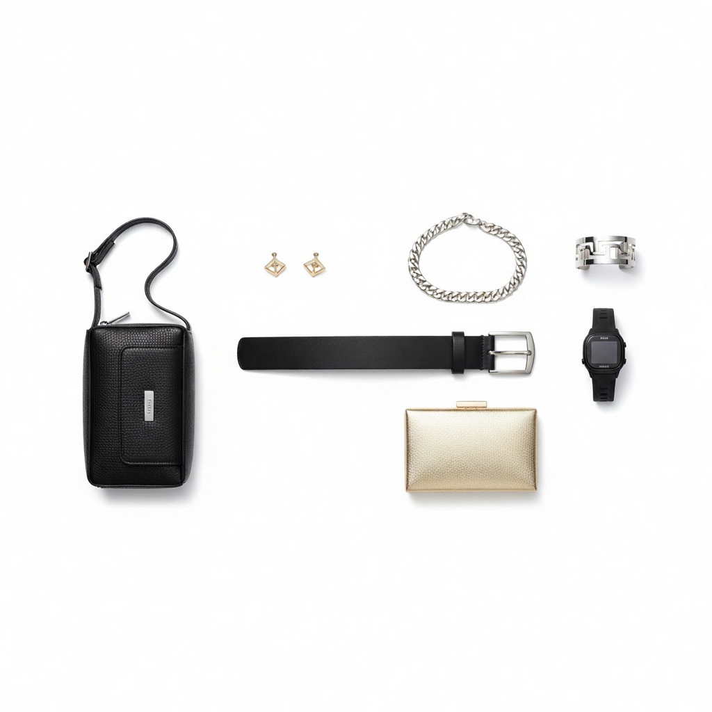 Trendy hair accessories online collection styled with a black bag, belt, watch, bracelet, earrings, and gold wallet