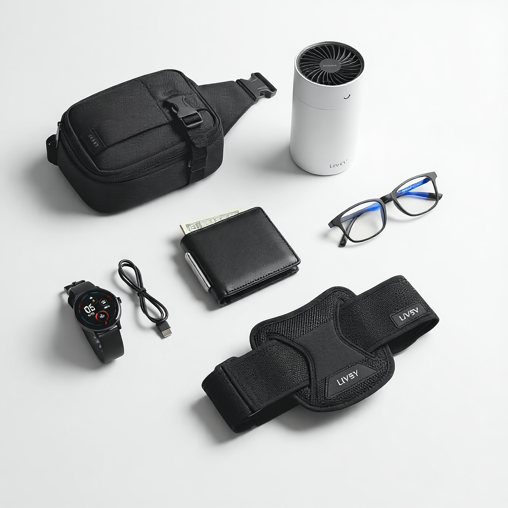Set of lifestyle essentials for women including a black waist bag, wallet, smartwatch, glasses, portable fan, and adjustable strap