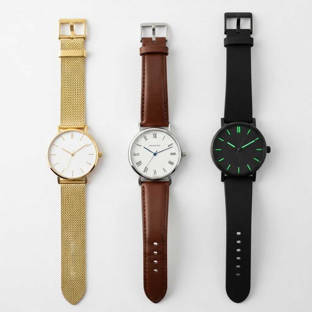 Affordable watches for women featuring gold mesh, brown leather, and black silicone straps with minimalist and classic faces