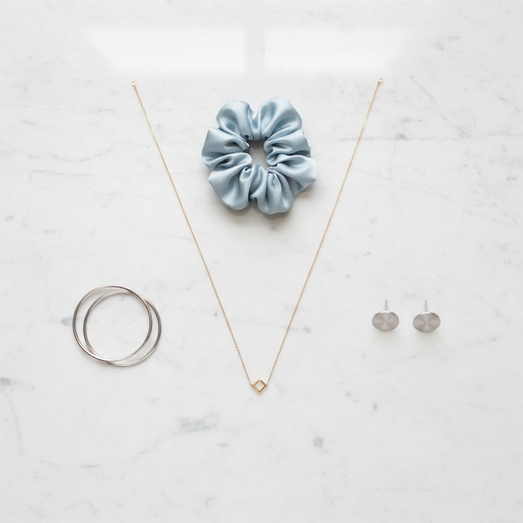 Trendy jewelry and accessories including a blue scrunchie, gold necklace, silver bangles, and stud earrings on marble surface
