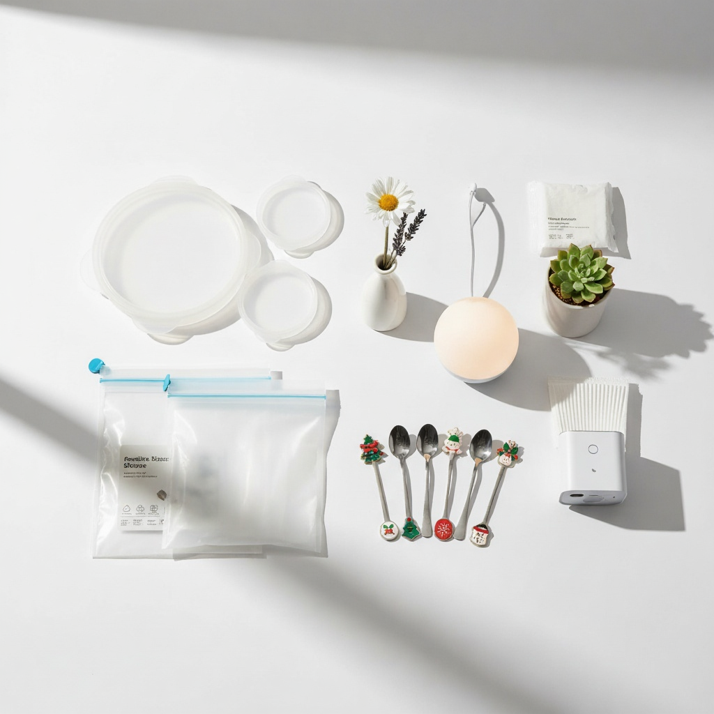 Variety of home and lifestyle products including reusable bags, decorative spoons, small plant, and lighting accessories