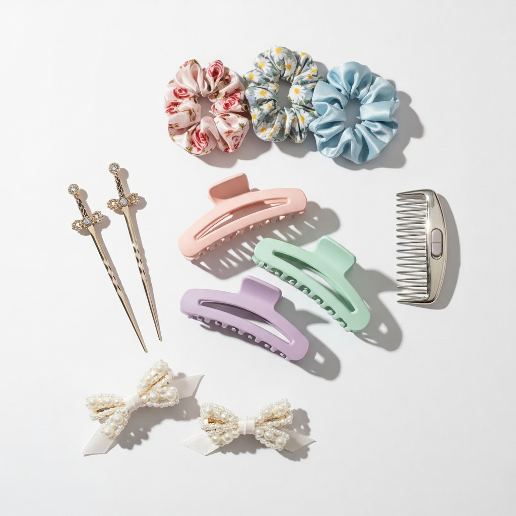 Assortment of trendy hair accessories for women including floral scrunchies, pastel hair clips, decorative pins, and pearl bows