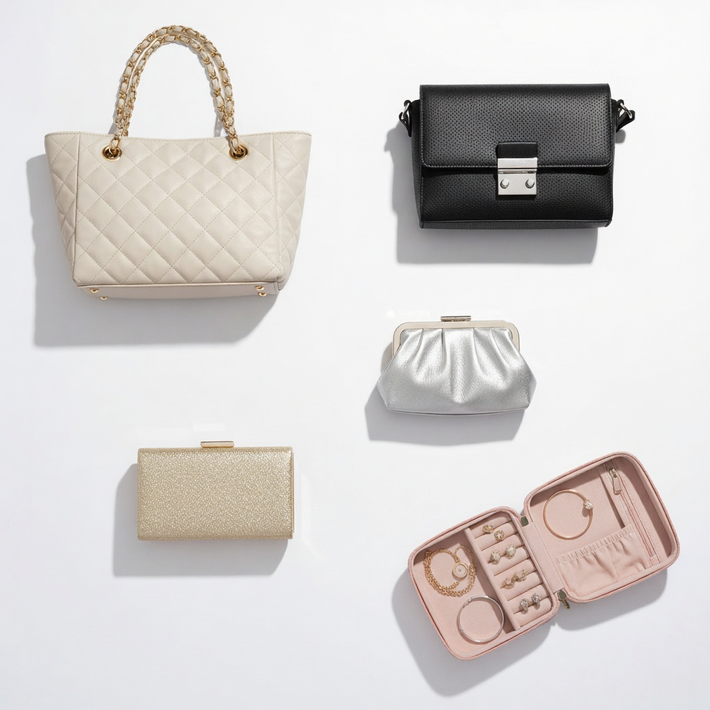 Collection of trendy bags and organizers including quilted tote, black crossbody, clutches, and pink jewelry organizer