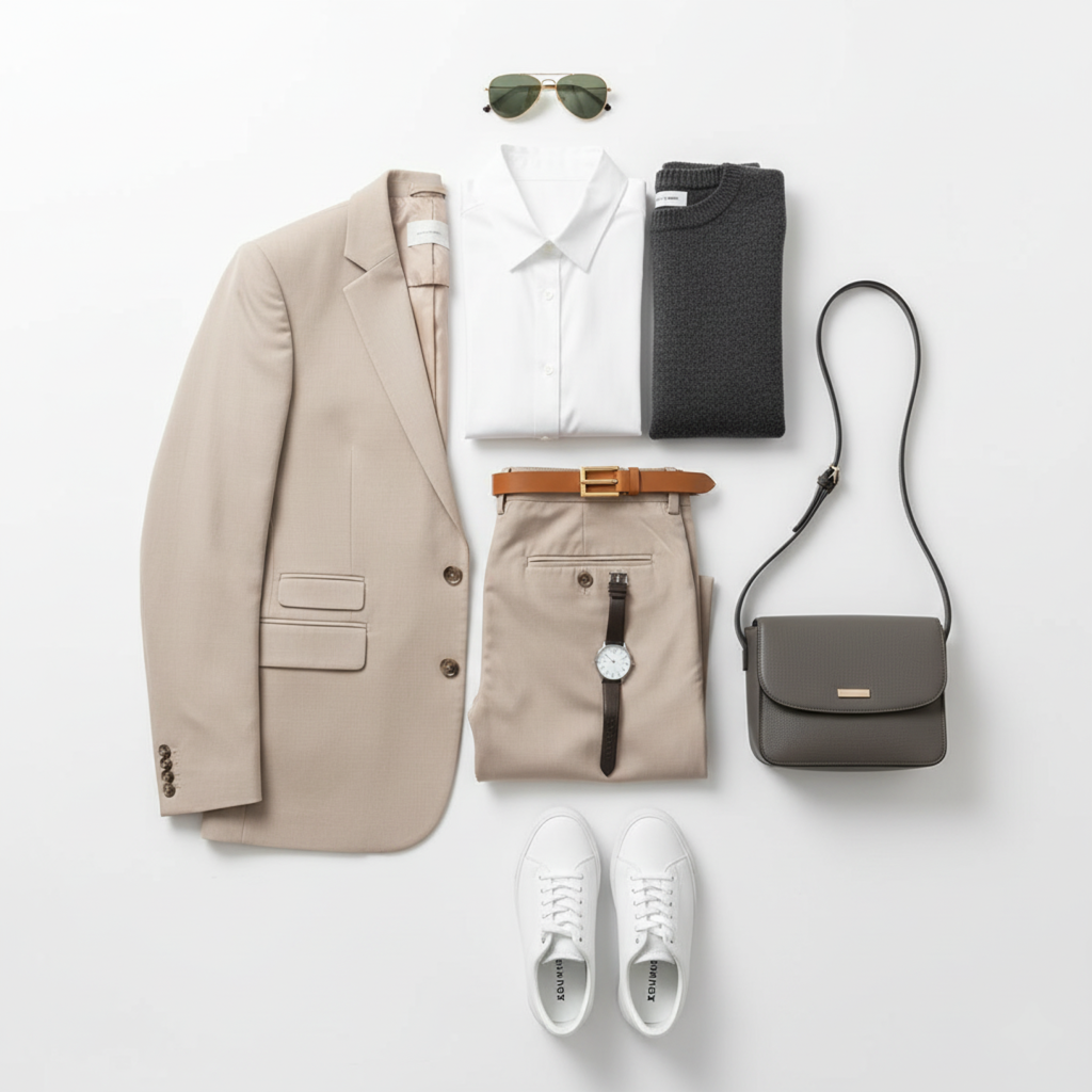 Flat lay of trendy fashion accessories for women with beige blazer, white shirt, sunglasses, watch, and gray bag