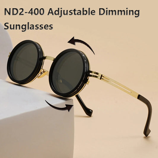 LIVSY ND2-400 adjustable dimming sunglasses with round black lenses and gold frame