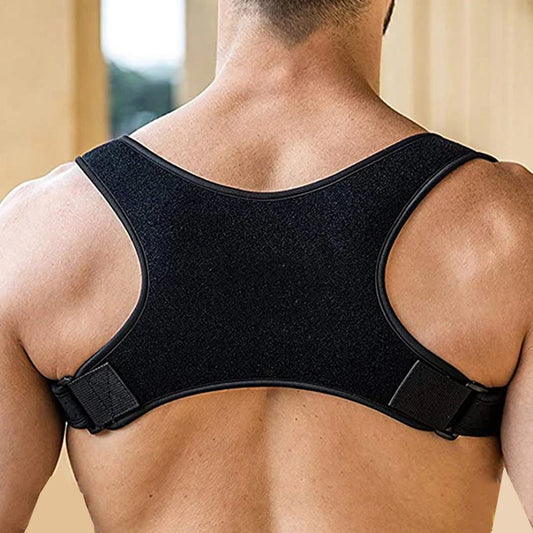 LIVSY adjustable posture corrector brace shown from the back on a person with black straps and comfortable fit
