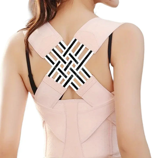 LIVSY adjustable posture corrector for women and men worn on a woman's back in light pink