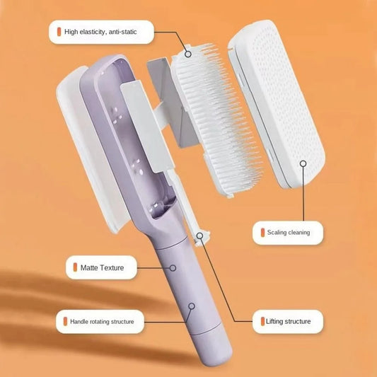 LIVSY self-cleaning hair comb with high elasticity, anti-static bristles, matte texture, and handle rotating structure