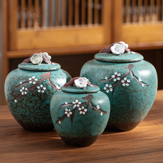 LIVSY ceramic pet memorial pot set in turquoise with floral branch design and flower lids