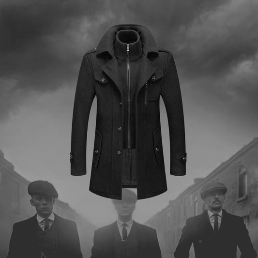 LIVSY chic winter coat for men in black with high collar and button details