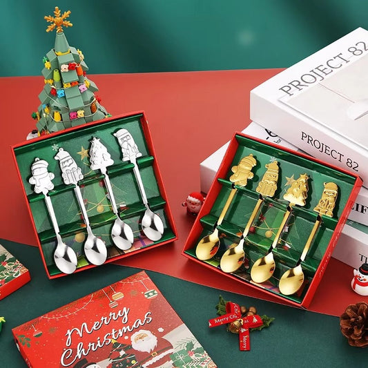 LIVSY Christmas coffee spoon gift set with silver and gold festive spoons in decorative boxes