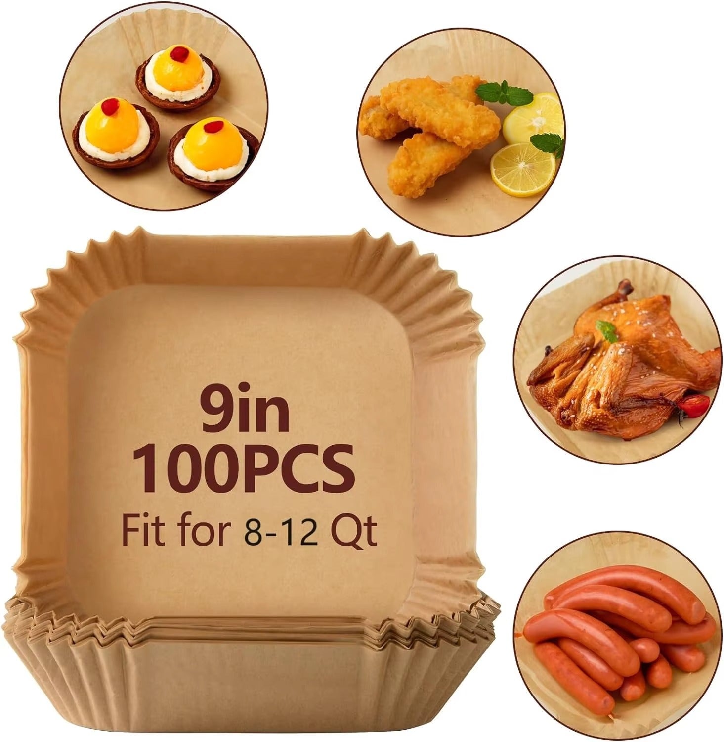 LIVSY 9 inch air fryer liners showing pack of 100 pieces with examples of cooked food like chicken wings and sausages