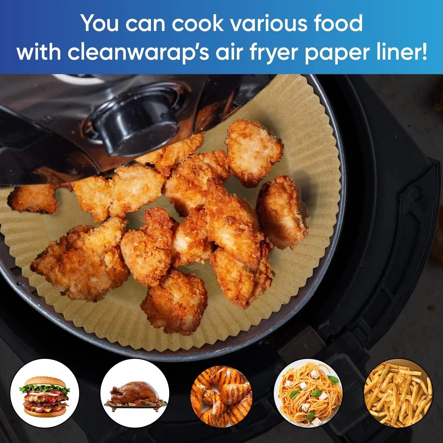 9 inch air fryer liners from LIVSY holding crispy fried chicken inside an air fryer basket