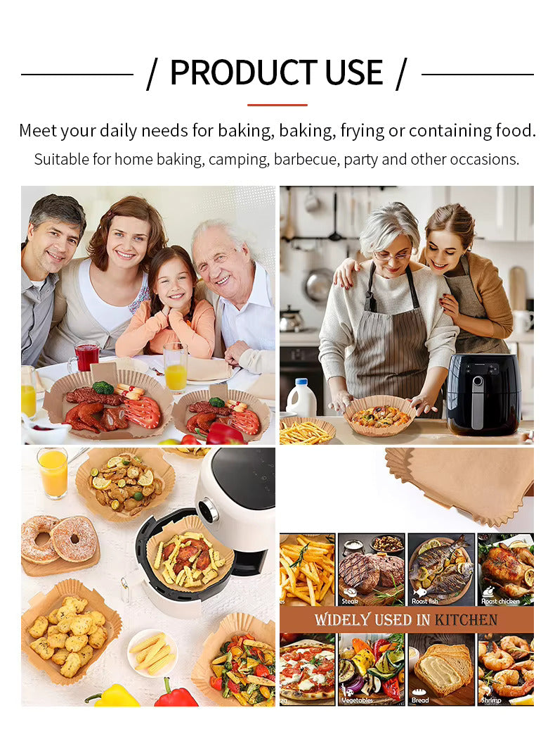 LIVSY 9 inch air fryer liners shown used for baking frying and containing food with various meals