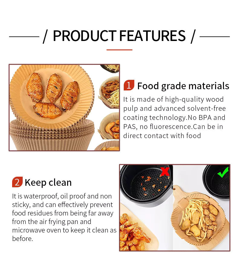 LIVSY 9 inch air fryer liners made from food grade materials, waterproof, oil proof, and non sticky for easy cleaning