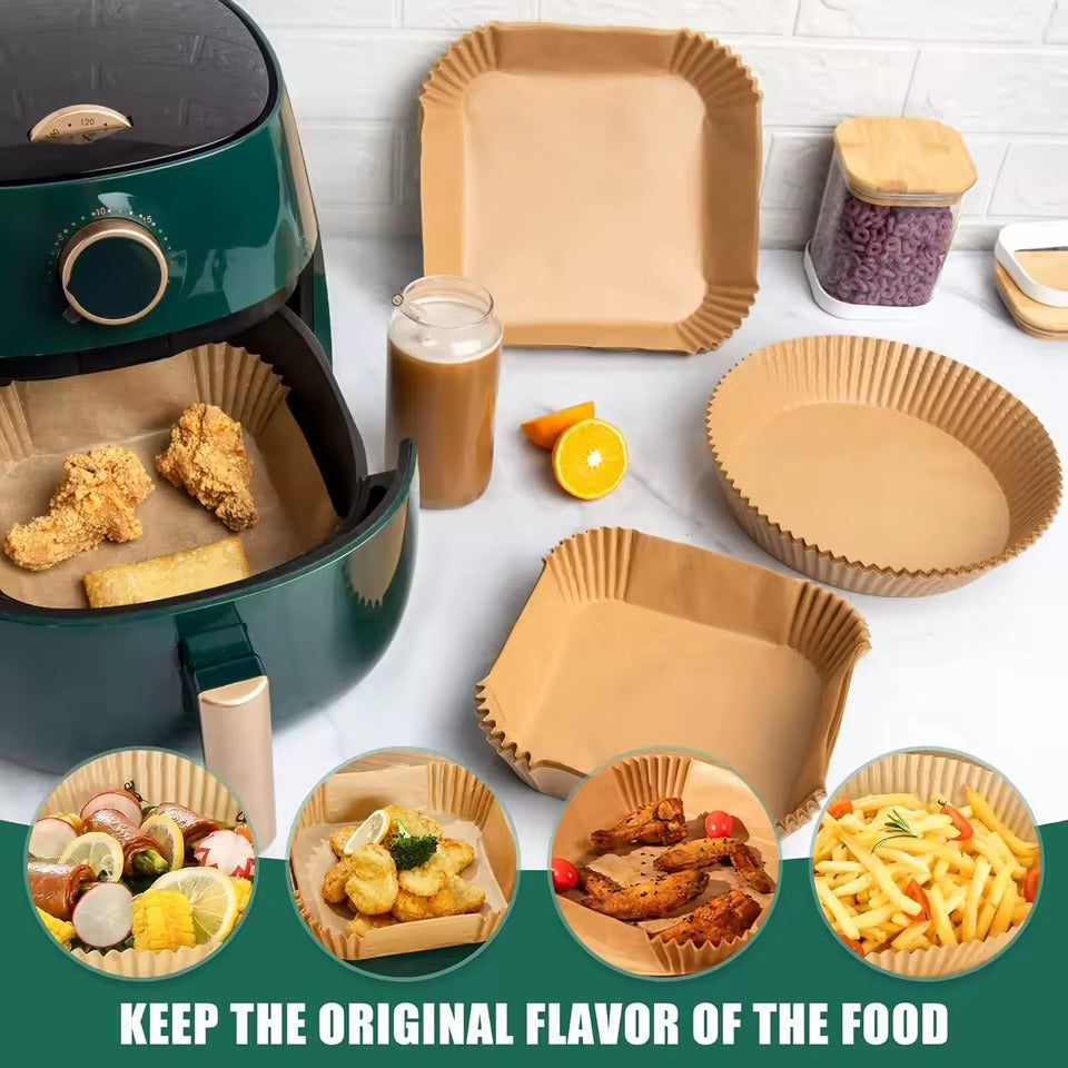 LIVSY 9 inch air fryer liners in square and round shapes inside a green air fryer with fried chicken and food on liners