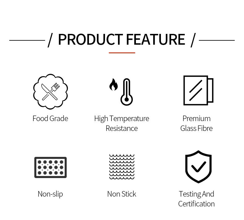 LIVSY 9 inch air fryer liners features including food grade, high temperature resistance, premium glass fiber, non slip, non stick, and certified safety