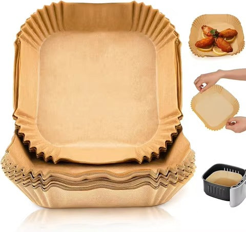 LIVSY 9 inch air fryer liners stack with square brown parchment paper for easy cooking and cleanup