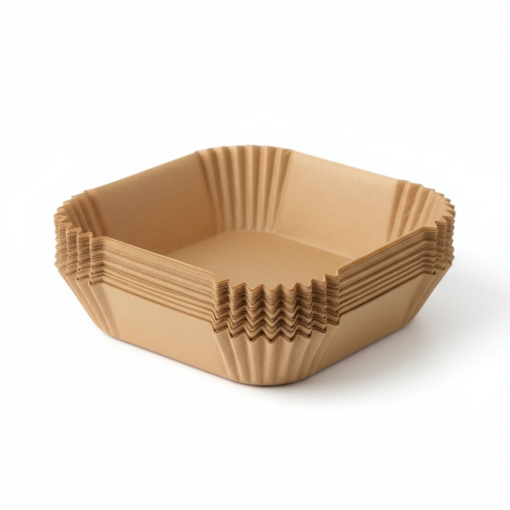 LIVSY 9 inch air fryer liners stack made of brown paper for easy cooking and cleanup