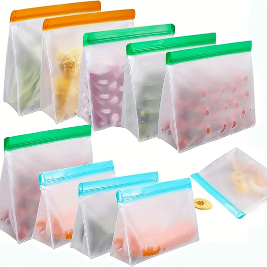 LIVSY eco-friendly food storage bags in assorted sizes with colorful resealable tops for reusable kitchen use