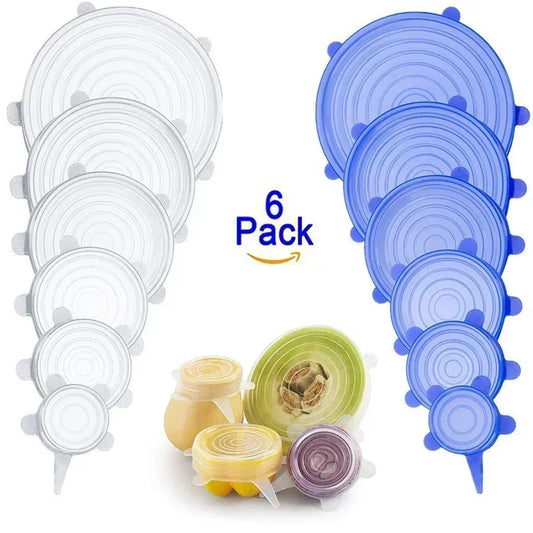 LIVSY 6 pack reusable silicone food covers in multiple sizes and colors for sealing containers