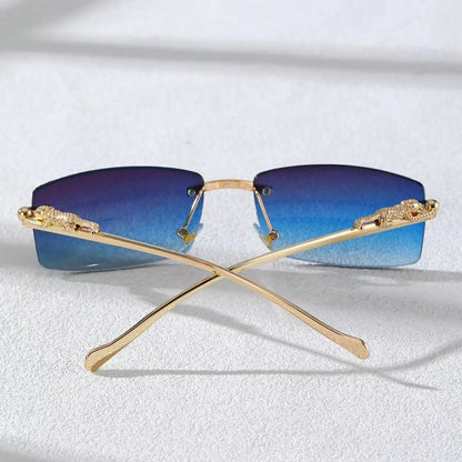 Chic rimless square glasses with gradient blue lenses and gold decorative arms by StorePilot