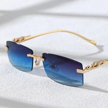 Chic rimless square glasses with blue gradient lenses and gold decorative temples