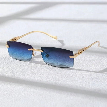 Chic rimless square glasses with blue gradient lenses and gold decorative temples by StorePilot