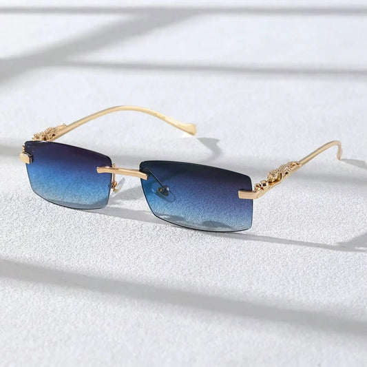 Chic rimless square glasses with blue gradient lenses and gold decorative temples by StorePilot