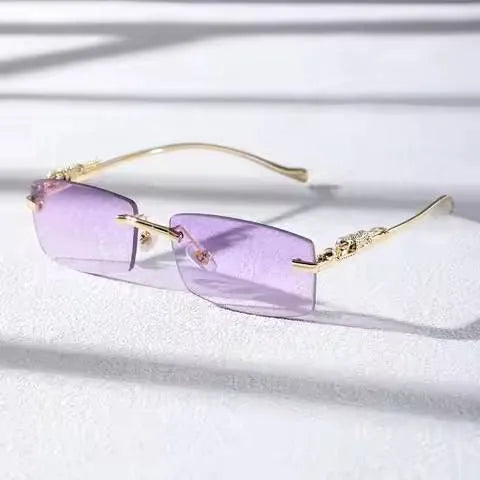 Chic rimless square glasses with purple lenses and gold decorative temples