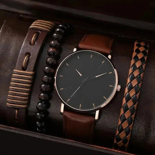 Men's fashion quartz watch with brown leather strap displayed with matching bracelets