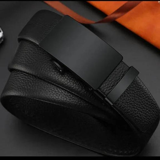 Black men's leather auto-buckle belt with textured strap and matte black rectangular buckle
