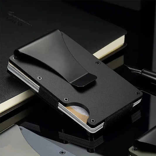 Minimalist RFID card wallet in black with metal clip and sleek compact design by StorePilot