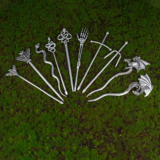 Set of silver metal hairpins including mystic dragon hairpin with dragon design and other fantasy shapes