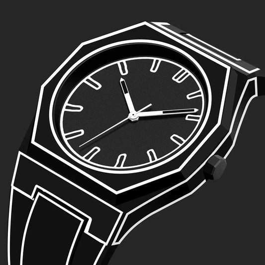Close-up of sleek sports watch with black and white design and modern analog dial