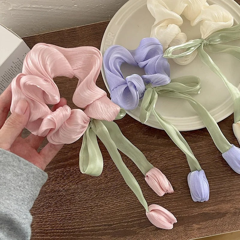 LIVSY Korean style satin scrunchies in pastel pink purple and cream with ribbon tulip accents