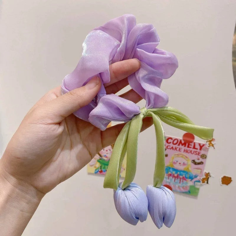 LIVSY Korean style satin scrunchies in light purple with green ribbon and tulip charm detail