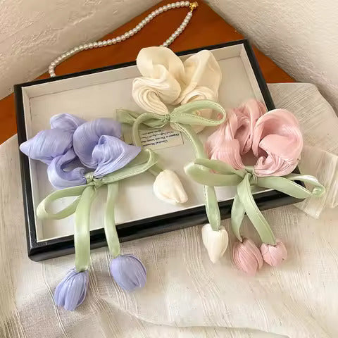 LIVSY Korean style satin scrunchies in cream pink and lavender with green ribbon and flower accents