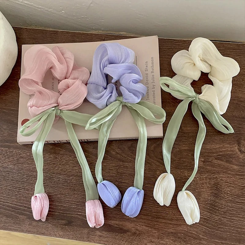 LIVSY Korean style satin scrunchies in pink purple and white with green ribbon ties and flower accents