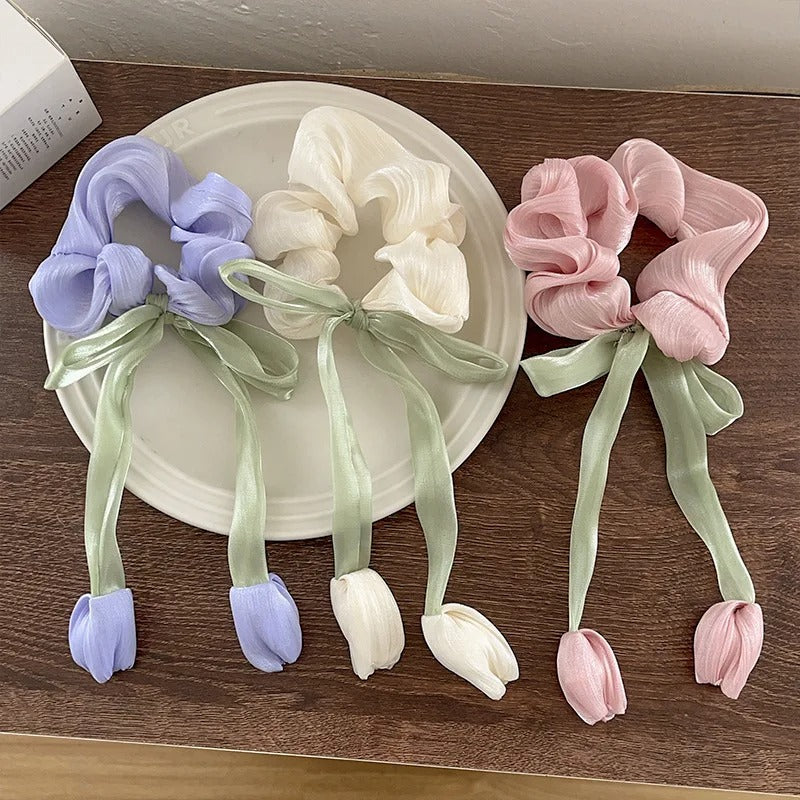 LIVSY Korean style satin scrunchies in pastel purple white and pink with ribbon and flower details